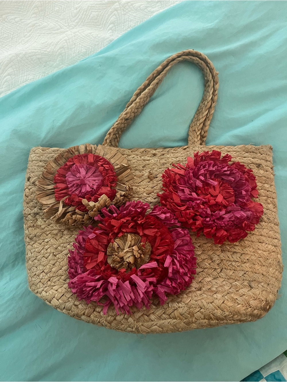 Chico’s Straw Tote Bag with Pink & Red Flower Appliques